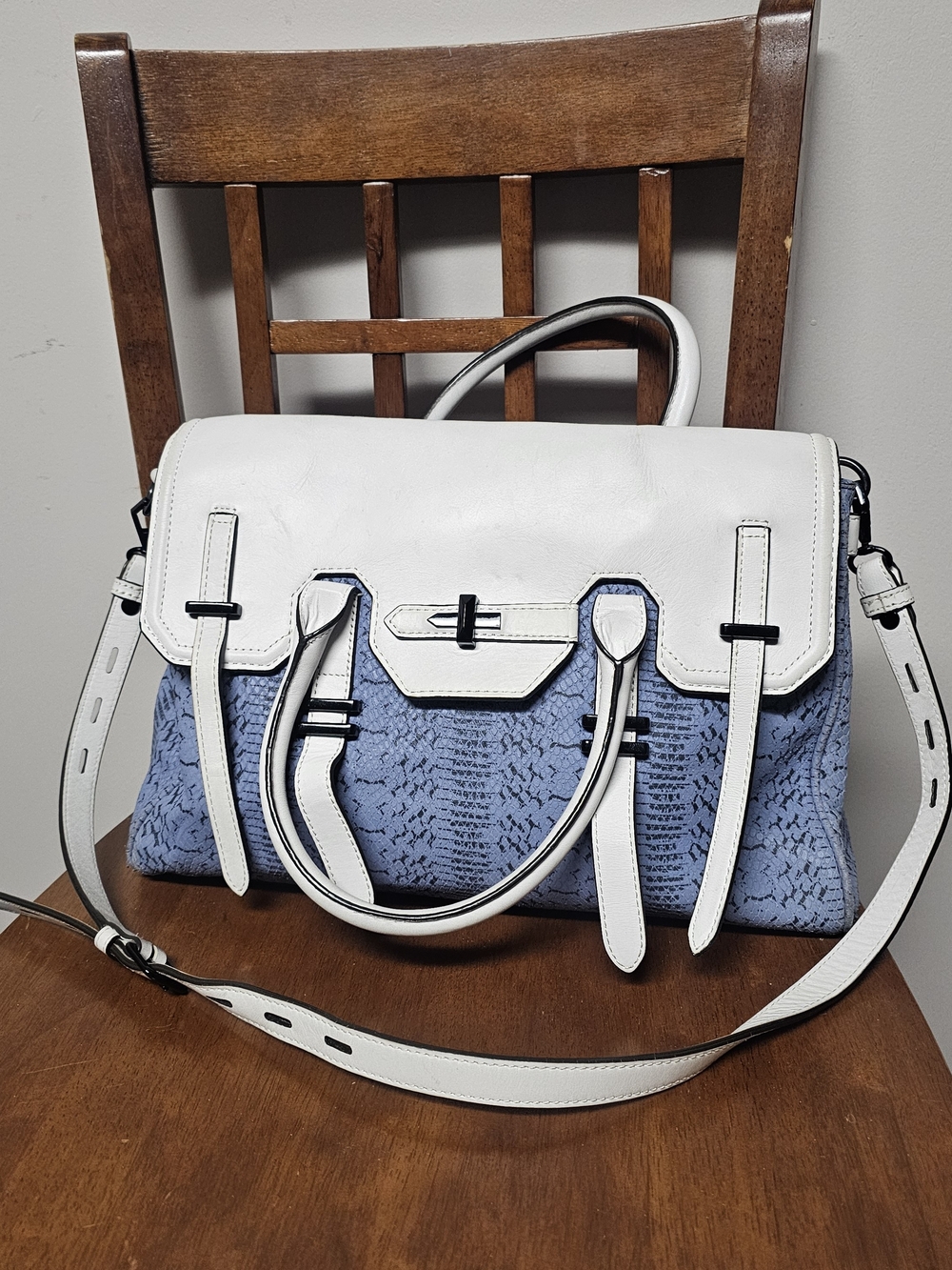 Rebecca Minkoff Blue White Snakeskin Print Leather Satchel Crossbody